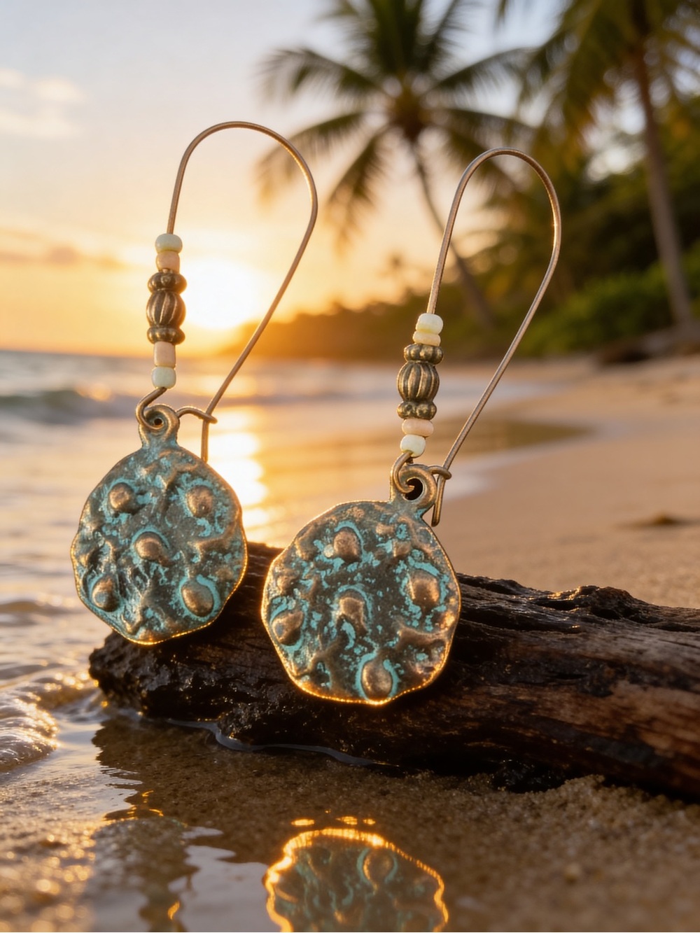 Green Disc Copper Earrings